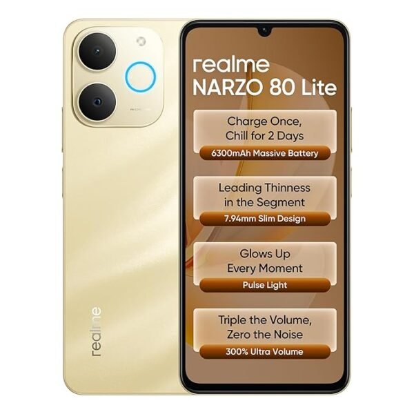 Realme NARZO 80 Lite 4G (Beach Gold, 6GB+128GB) | 6300mAh Segment's Biggest Battery | 7.94mm Slim Design | 300% Ultra Volume | Pulse Light: 9 Colors, 5 Glow Modes | Ai Assist