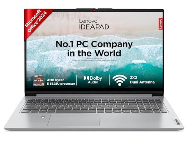 Lenovo Ideapad 1 AMD Ryzen 5 5625U (16GB RAM/512GB SSD/Windows 11/Office Home 2024/15.6 Inch (39.6Cm)/FHD IPS Display/3Months Game Pass/Grey/1.6Kg), 82R4011CIN/0DIN Laptop