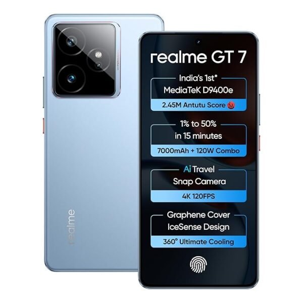 realme GT 7 (IceSense Blue,8GB+256GB) | India's 1st MediaTek Dimensity 9400e Chipset | Strongest Battery Combo 7000mAh + 120W | AI 4K 120FPS Travel Camera | 360° Cooling IceSense Design with Graphene
